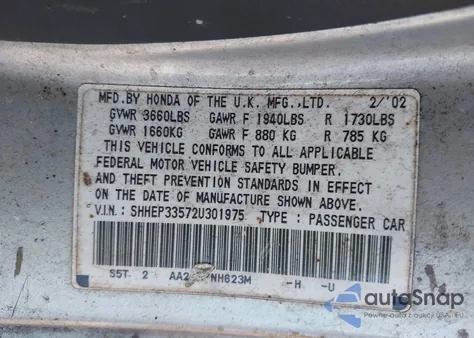 2002 Honda Civic Si из США, поврежденный, VIN SHHEP33572U301975